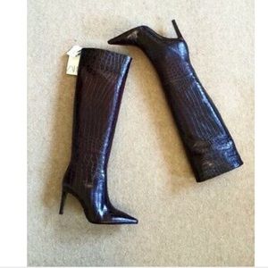 Zara burgundy leather knee high croc boots